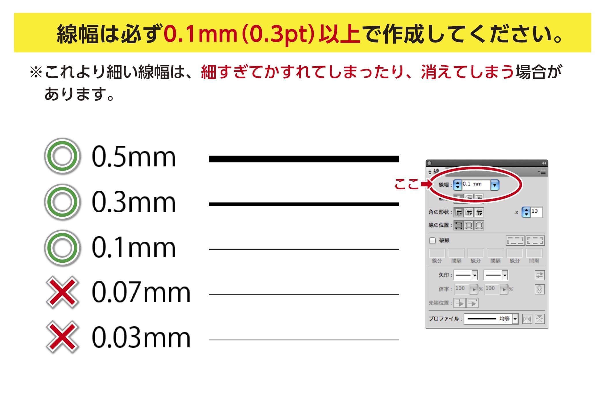 線幅は必ず0.1mm(0.3pt)以上で作成してください。