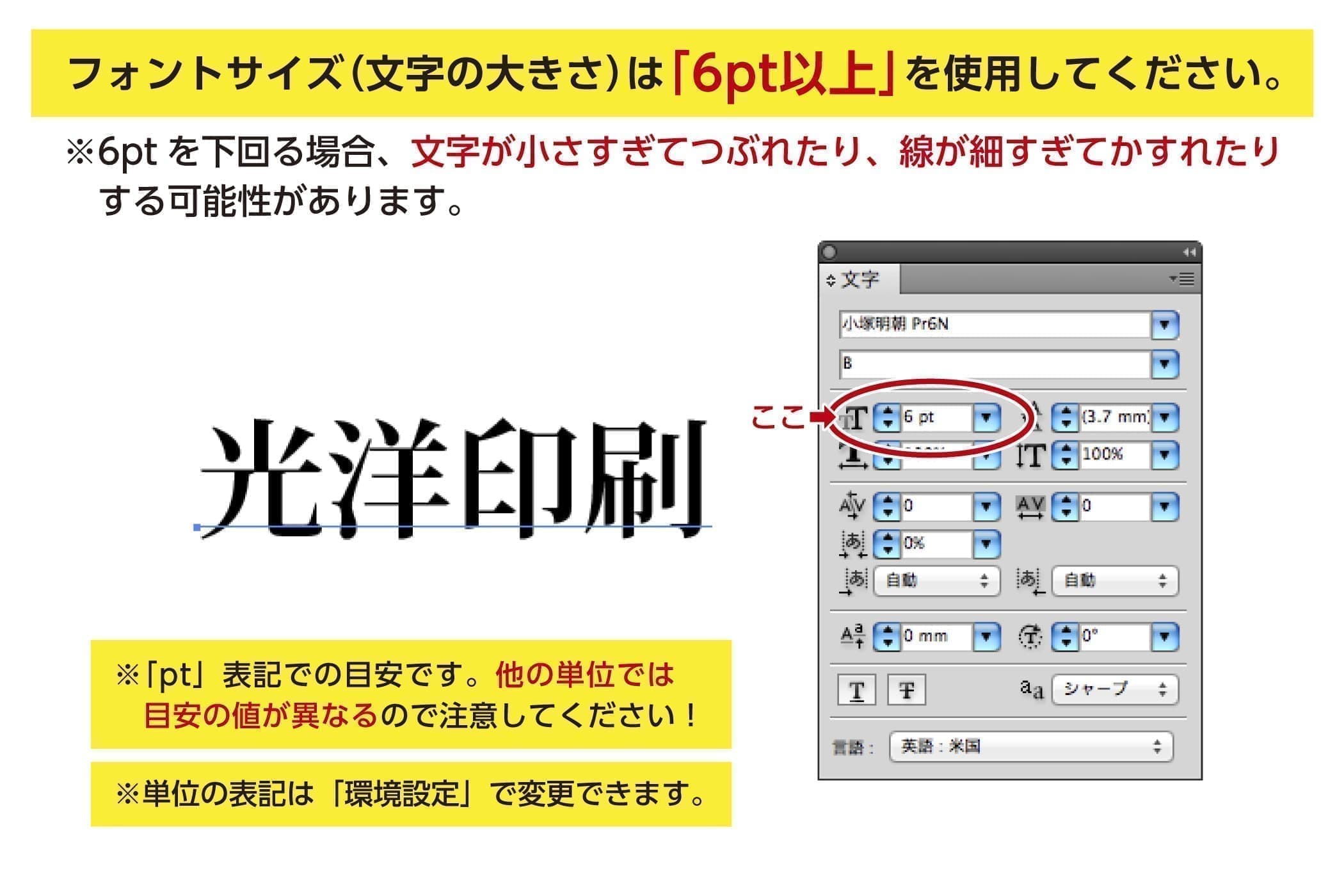 フォントサイズ(文字の大きさ)は「6pt以上」を使用してください。