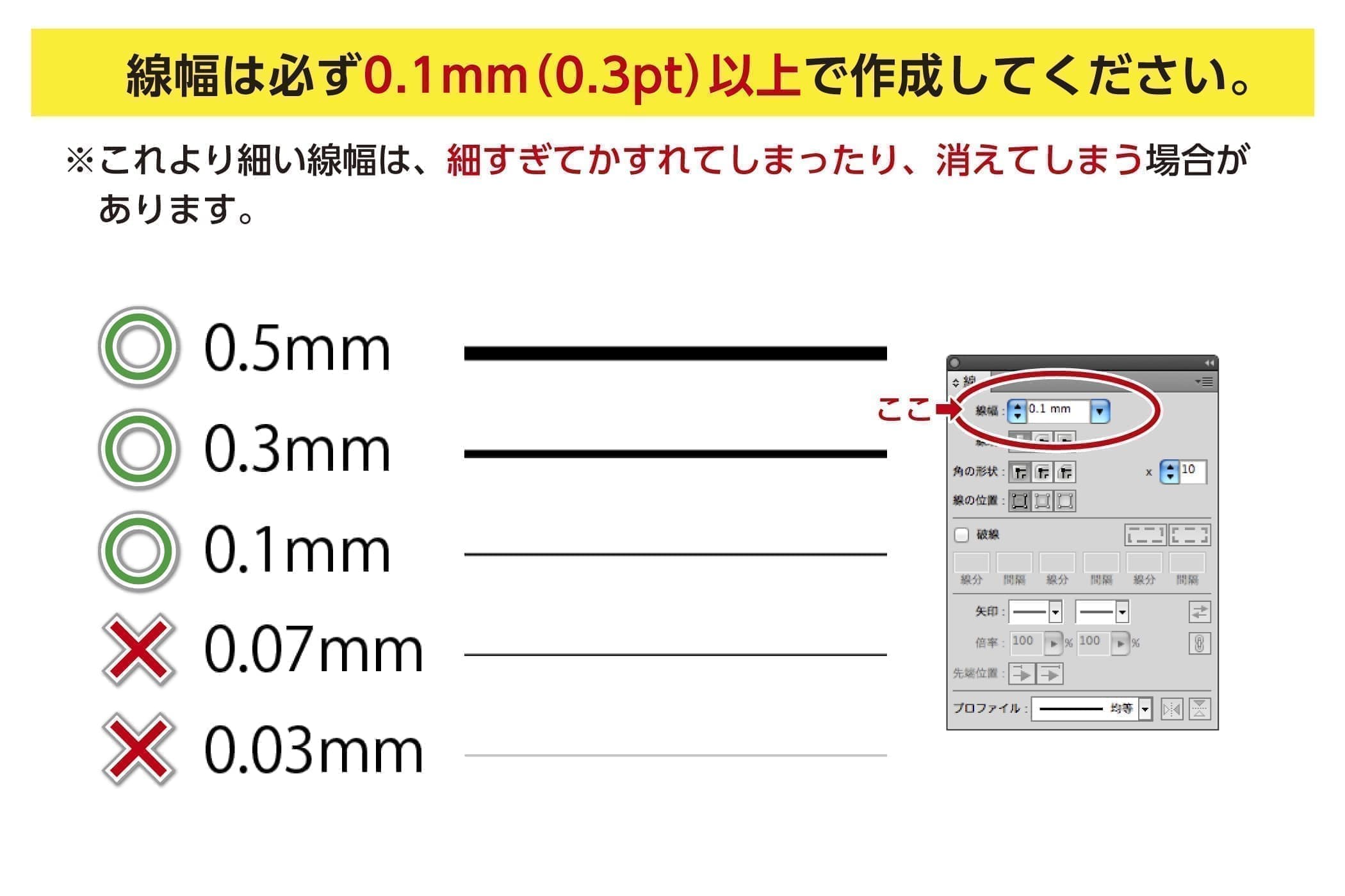 線幅は必ず0.1mm(0.3pt)以上で作成してください。