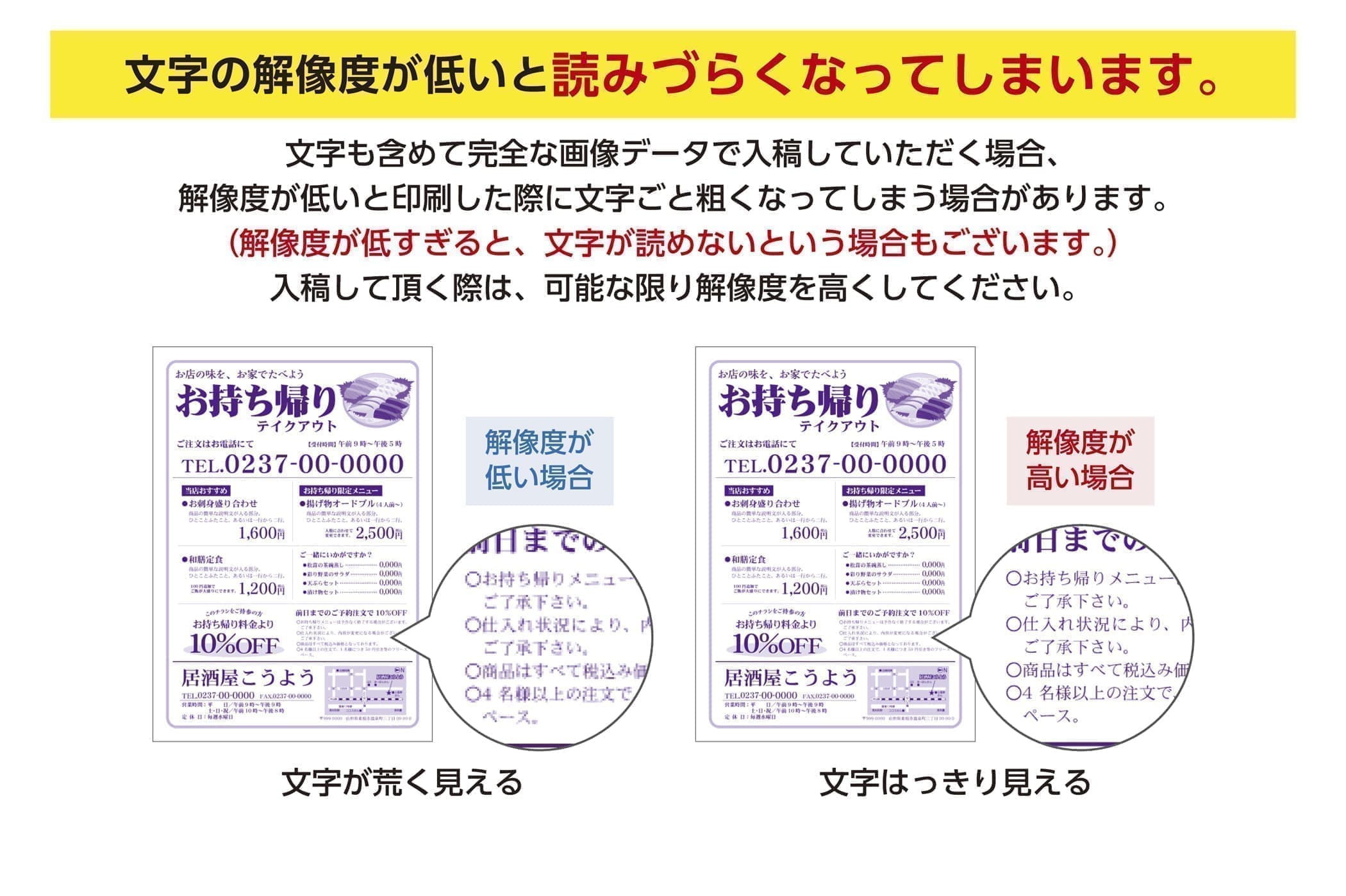 文字も含めて完全な画像データで入稿していただく場合、 解像度が低いと印刷した際に文字ごと粗くなってしまう場合があります。 （解像度が低すぎると、文字が読めないという場合もございます。） 入稿して頂く際は、可能な限り解像度を高くしてください。